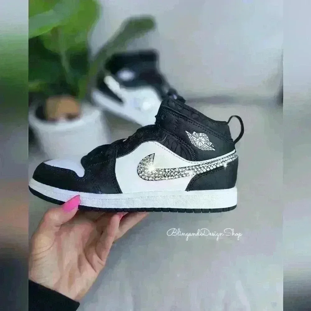 Bling Nike Jordan 1 Mid Little Kids Girls Shoes Sneakers Black with Crystals